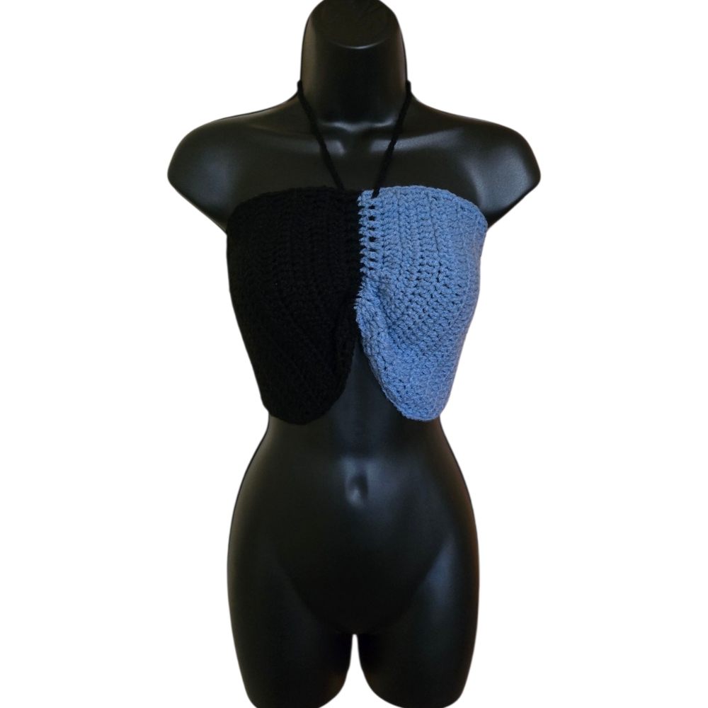 2Way Tie Sky Blue/Black Strapless Bralette/Ruffle Scrunchie Set, Med-XL,